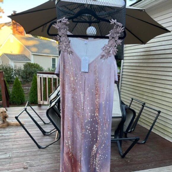 Mauve NWT Sundress Floral Embroidery Strap Cold Shoulder Sleeve Long Maxi Small - Picture 1 of 15